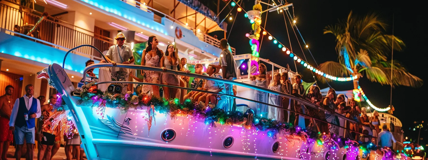 un barco adornado con decoraciones tropicales, luces de colores e invitados vestidos con atuendos playeros prepara el escenario para una fiesta inolvidable en mallorca.