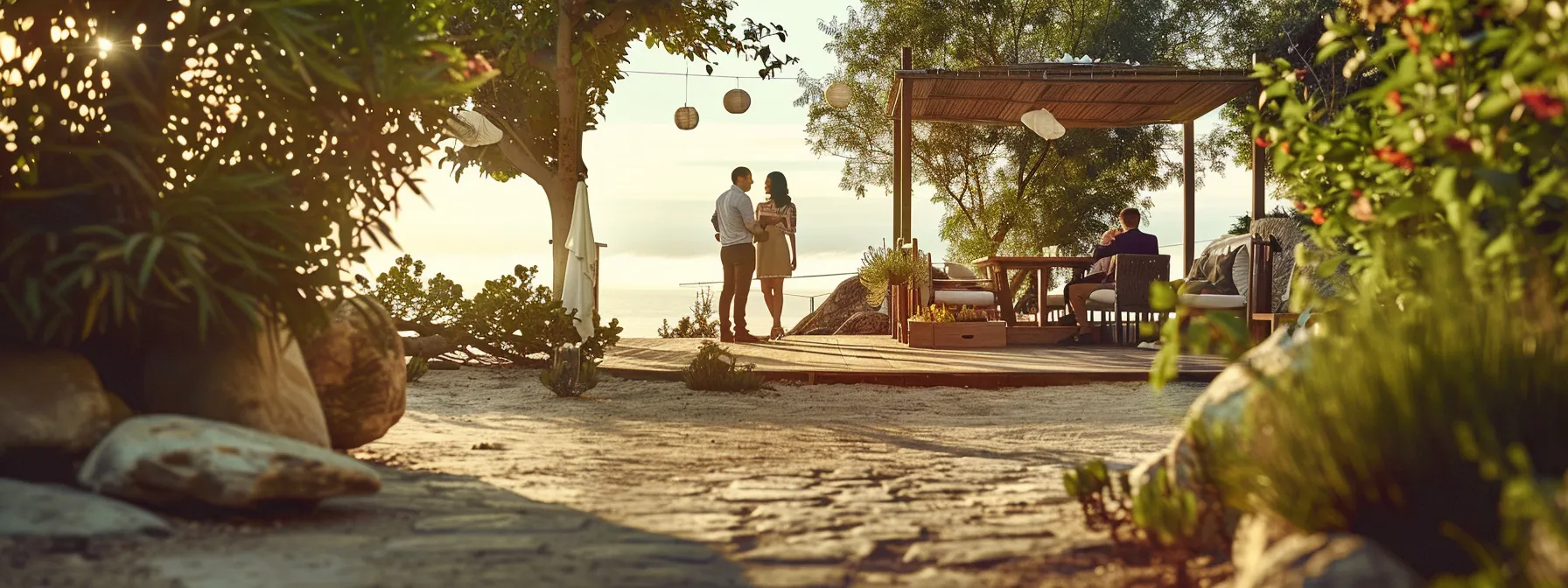 a couple meeting with a photographer at a picturesque outdoor location, discussing details and looking through a portfolio of stunning wedding shots.