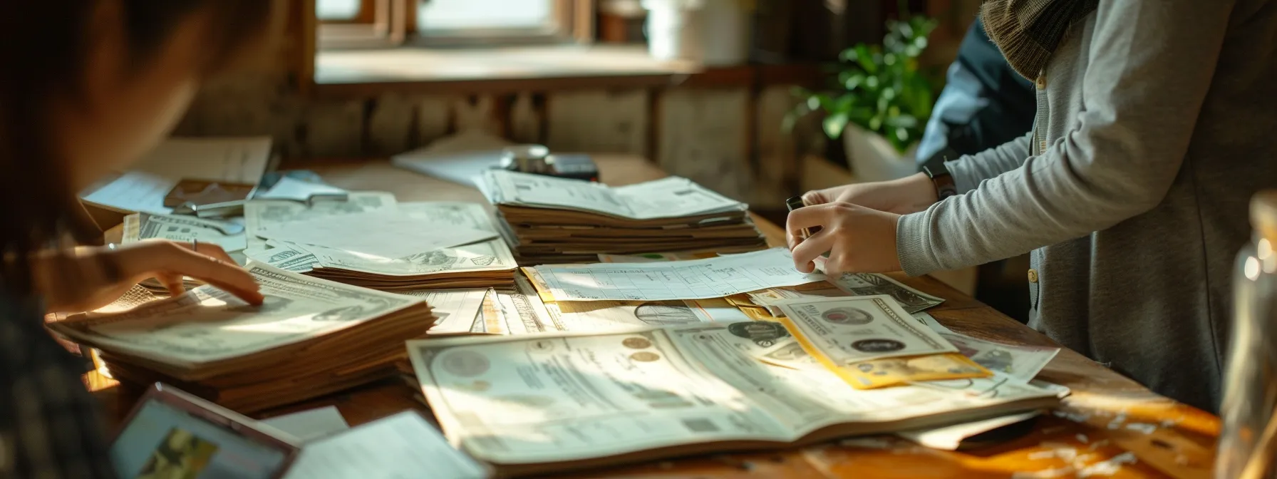 a couple standing together, counting and sorting through stacks of money and wedding planning documents on a rustic wooden table.