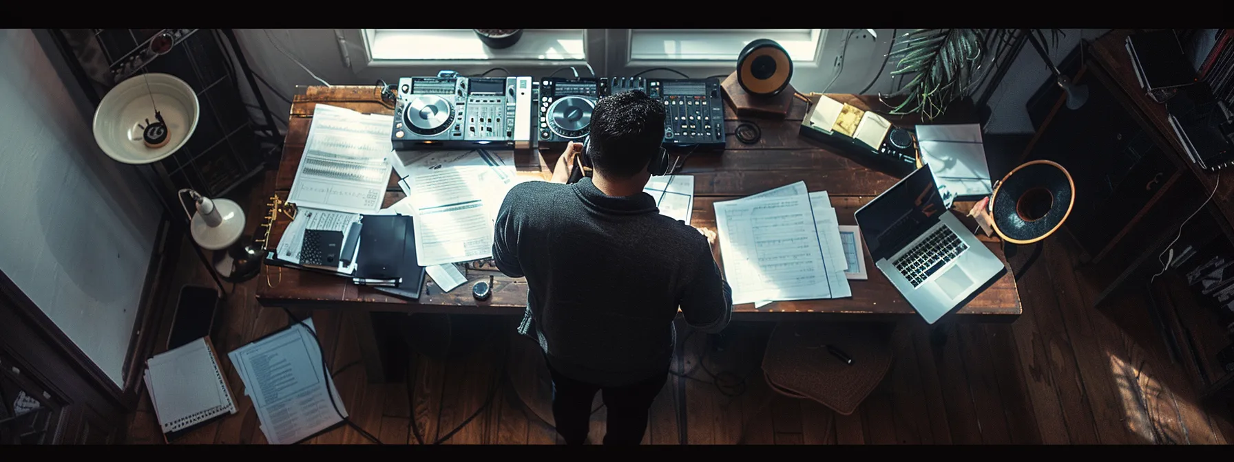 a dj standing behind a turntable, surrounded by a detailed contract, a curated playlist, and venue layout plans, ready to secure the booking for an event.