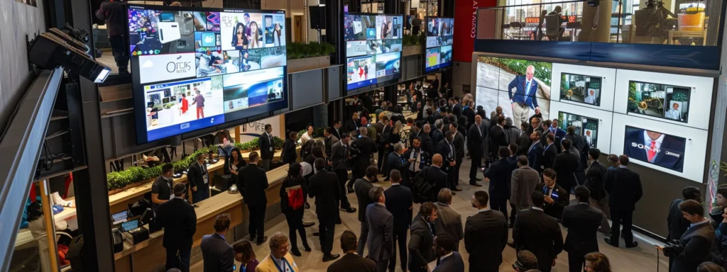 a dynamic and vibrant corporate event promotion strategy in action, featuring a bustling social media command center with screens displaying engaging content and analytics.