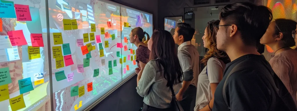 a group of professionals gathered around a whiteboard covered with colorful sticky notes, brainstorming and strategizing for a corporate event.