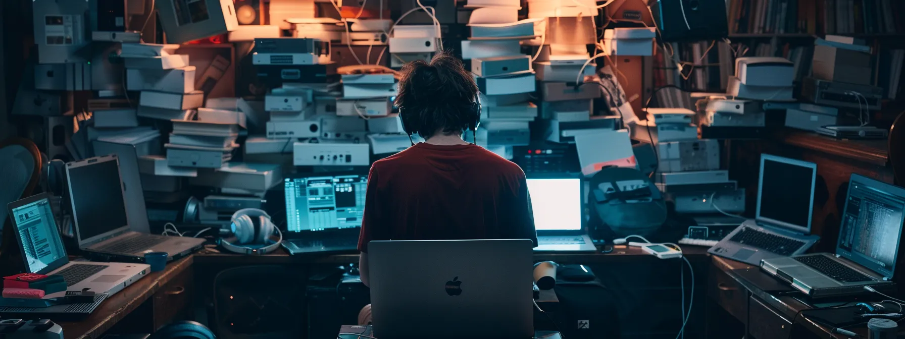 a person surrounded by a stack of laptops and headphones, carefully researching and shortlisting potential djs for an event.