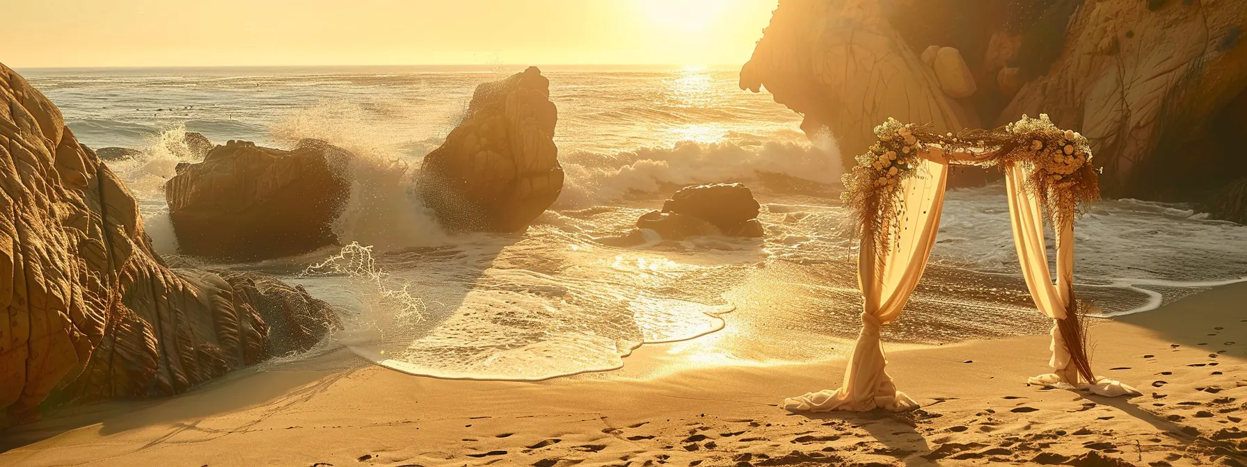 a serene beach bathed in golden sunlight with a delicate wedding arch overlooking the sparkling ocean.