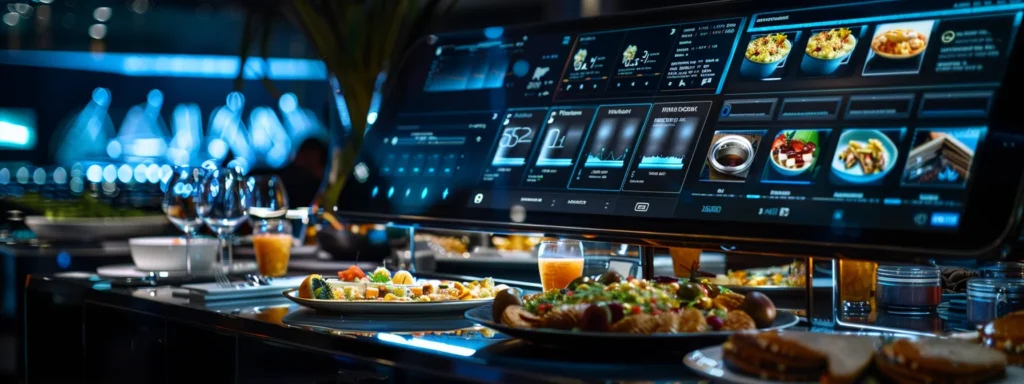 a sleek, high-tech control panel displaying a detailed event timeline and audio-visual setup, surrounded by elegant catering displays and luxury transport arrangements.